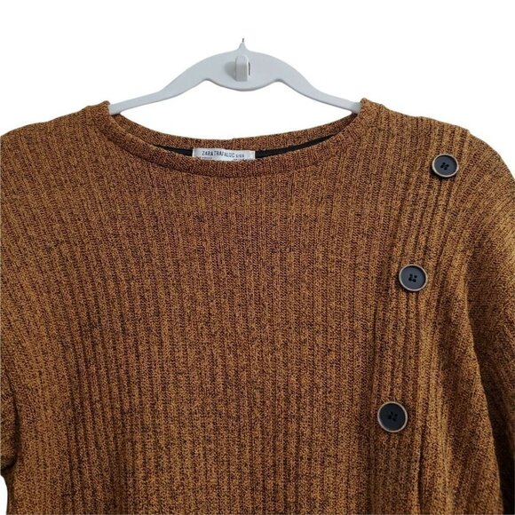Zara Sweater Medium Womens Brown Ribbed Button Front Long Sleeve Knit Pullover - Picture 3 of 10